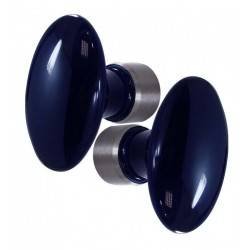 Poignée double OVALE pour porte intérieure porcelaine de LIMOGES Bleu de Four sur cuvette nickelée brossée